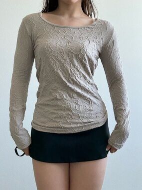 Expressions Light Taupe Textured Long-Sleeve Scoop Neck Top